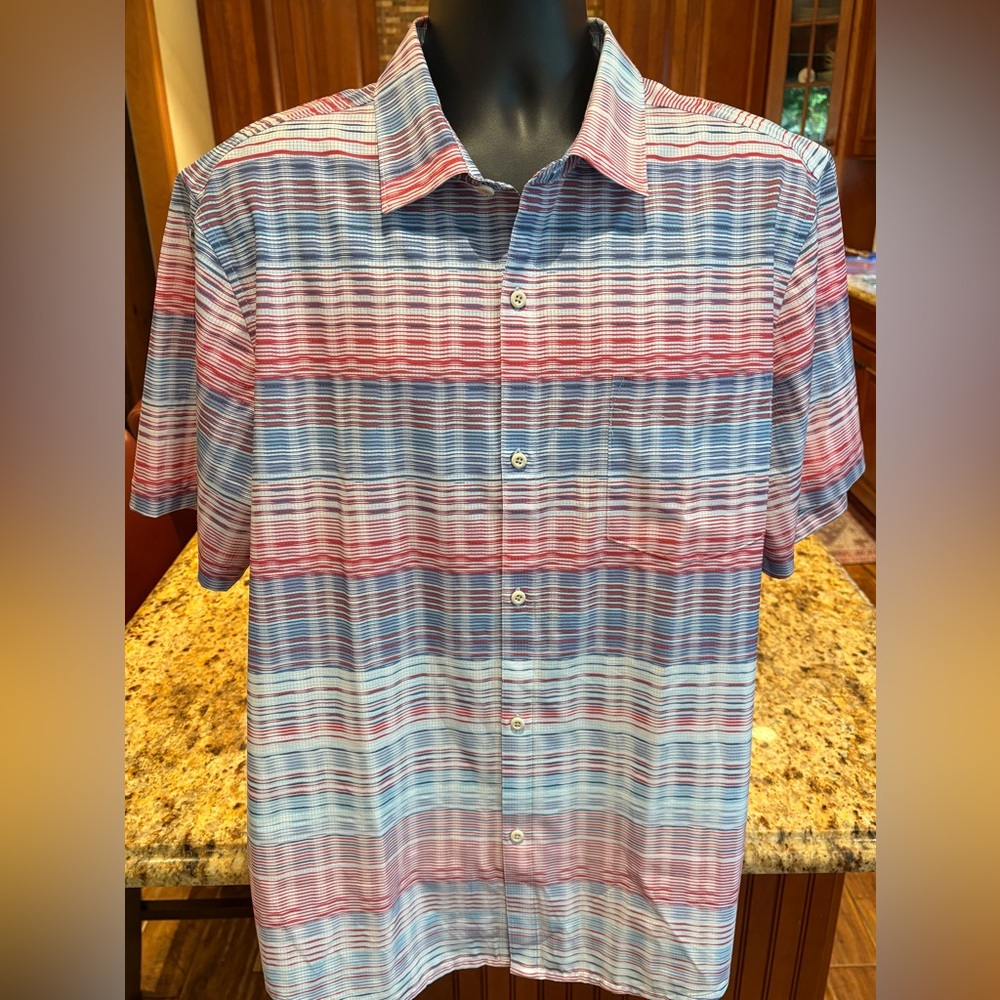 Tommy Bahama men’s performance Island zone camp shirt.‎ Sharp blue/red stripes. - Picture 2 of 6